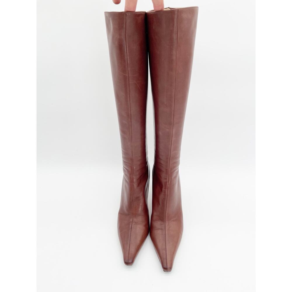 Jimmy Choo Vintage Y2K Mahogany Peony Square Toe Leather Knee High Boots IT 38 - Picture 8 of 14